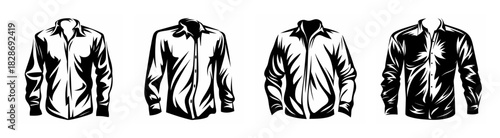 Collection of four black and white sketches of classic collared long-sleeve shirts for men's fashion design