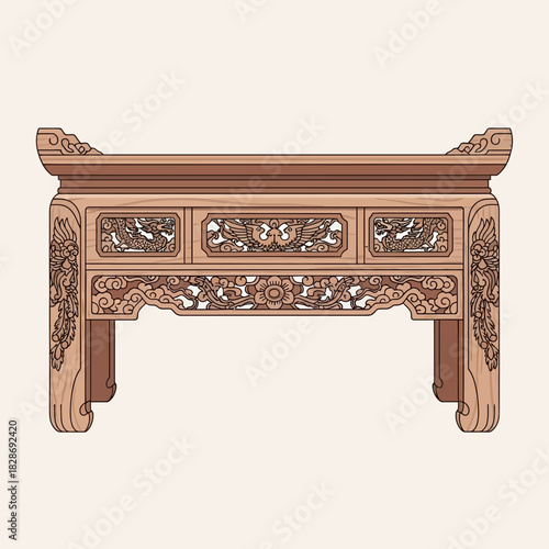 Elaborately carved wooden altar table, ornate Asian religious artifact illustration