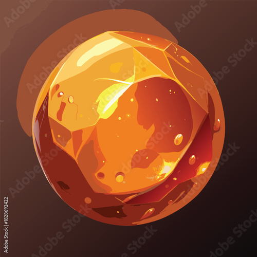 Shiny faceted amber gemstone with internal reflections and bubbles Keywords: gemstone, amber, jewel, crystal, faceted, shiny, orange, yellow