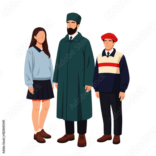 Group of Three People: Woman, Man in Coat, and Boy in Sweater Standing Together for a Composed Portrait.