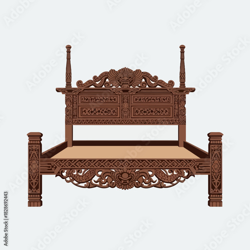 Elaborately Carved Wooden Bed Frame Illustrating Cultural Artistry Design