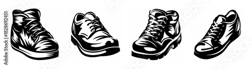 Four high-top sneakers and hiking boots shown from different angles in a black and white sketch style drawing
