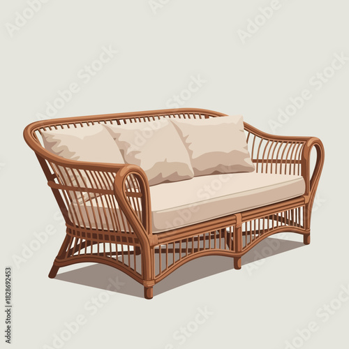 Elegant Brown Rattan Sofa with Cream Cushions Vector Illustration