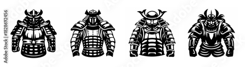 Four distinct samurai armor designs featuring traditional japanese warrior gear and protective warrior outfits
