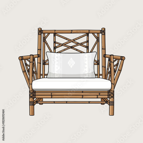 Elegant Bamboo Armchair with Cushion and Pillow Vector Illustration