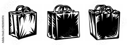 Three stylized shopping bags presented in a trio of distinct perspectives for retail design