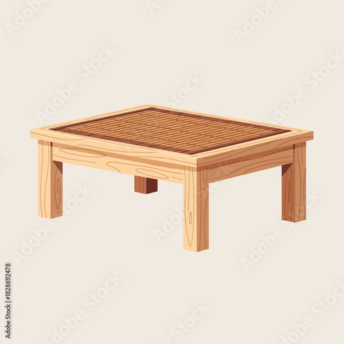 Elegant light wooden square table with rattan tabletop illustration