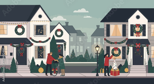 Festive holiday decorations adorn houses in a quaint suburban neighborhood, creating a celebratory