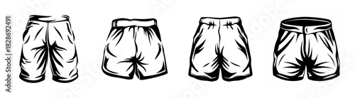 Collection of four hand-drawn sketch style images of shorts suitable for various apparel and design applications