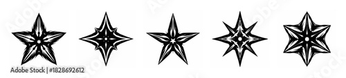 Five distinct shuriken ninja star designs featuring sharp edges and intricate patterns for martial arts or weaponry themes