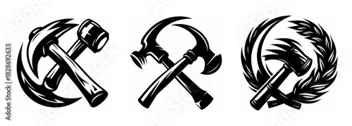 Three iconic sickle and hammer symbols representing labor and communism in a stylized artistic design