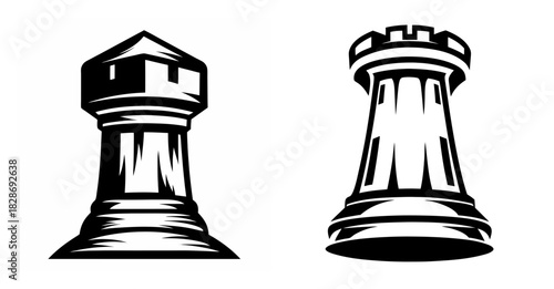 Two chess rooks facing each other isolated black and white stylized artistic rendering