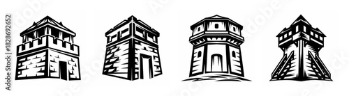 Four different siege tower designs with detailed architectural elements and battlements seen from the front