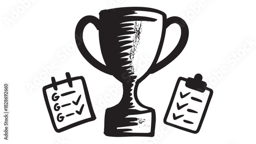 Hand drawn trophy with checklists vector illustration of achievement and success isolated on white background