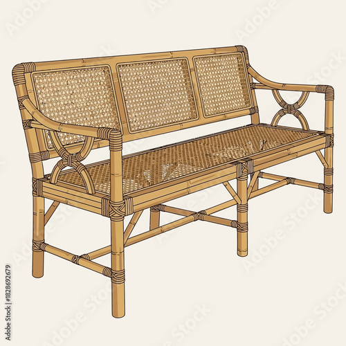 Illustration of a classic bamboo and rattan bench for interior design