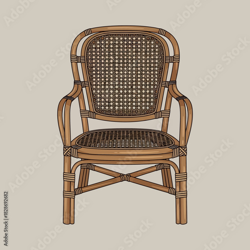 Illustration of a classically styled wicker armchair with rounded features