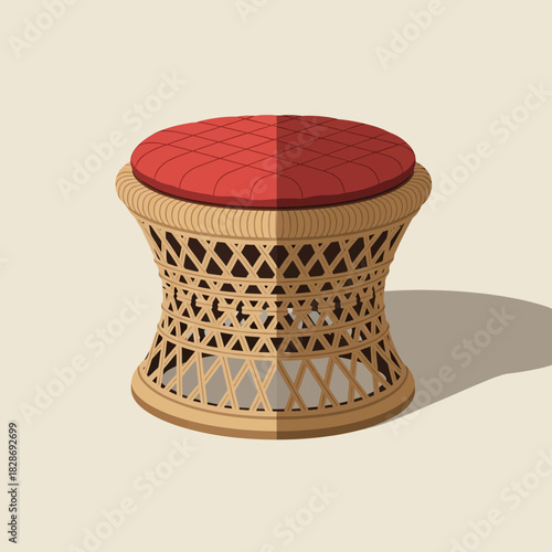 Illustration of a vintage wicker stool with a plush red cushion