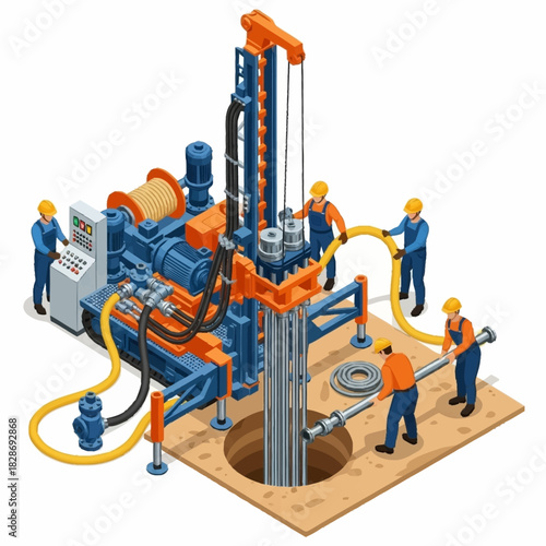 Workers operating a large industrial drilling rig for water well exploration.