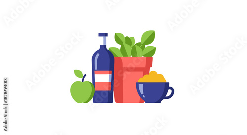 Modern still life with vibrant green apple, elegant wine bottle, lush potted plant, and comforting warm beverage, perfect for healthy lifestyle themes