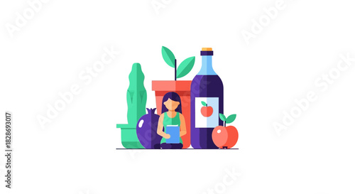 Vibrant Rosh Hashanah illustration of a girl reading by plants, apple bottle, and pomegranate, celebrating Jewish New Year with symbolic harvest elements