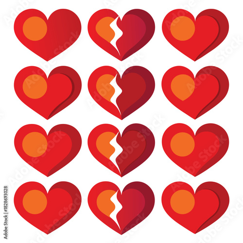 Twelve Red Hearts with Orange Centers and Broken Hearts on White Background love romance