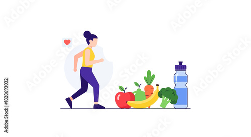 Fit lifestyle inspiration featuring woman jogging with healthy food and water, promoting wellness and vitality, perfect for health and fitness campaigns