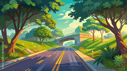 Very beautiful scenic highway view in South Carolina, featuring a road passing under a lush green tree canopy, soft natural lighting, and a tranquil atmosphere, captured in a clean, non-specific style
