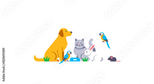 Adorable family of pets together: A golden dog, grey cat, white rabbit, blue parrot and little mouse create a charming, modern pet illustration