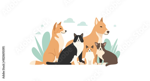Adorable cartoon pet family featuring cute dogs and a friendly cat, perfect for branding, children's content, pet product advertising, and family-friendly designs