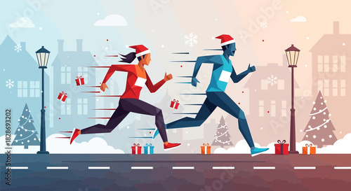 Festive marathon: Runners celebrating christmas season in a winter cityscape competition vector