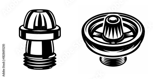 Two detailed sprinkler head components viewed from different angles for irrigation system design