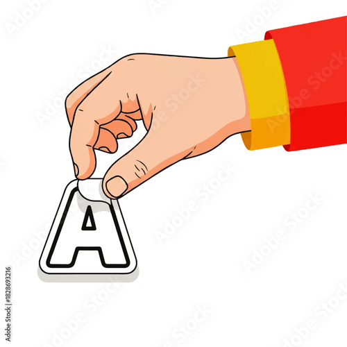 Illustrated hand placing letter A tag as graphic design element.