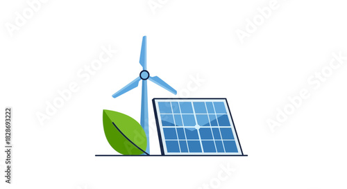 Embrace renewable energy with a modern wind turbine, solar panel, and vibrant leaf, symbolizing a sustainable future and environmental harmony in a clean design