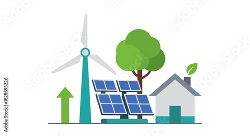 Embrace sustainable living with wind turbine, solar panels, & lush greenery for an eco-friendly home, showing a commitment to a greener future today