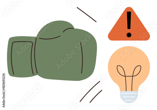 Boxing glove striking light bulb alongside warning icon highlighting risk, creativity, action, decision-making. Ideal for innovation, caution, strategy, problem-solving, bold thinking consequences