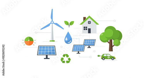 Sustainable living concept illustration with renewable energy sources powering eco-friendly house and electric car, emphasizing environmental responsibility