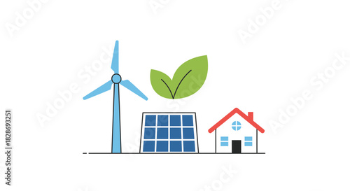 Eco-Friendly Home Powered by Clean Energy Sources like Wind Turbine and Solar Panels, Illustrating a Sustainable Future for Residential Living in Harmony with Nature