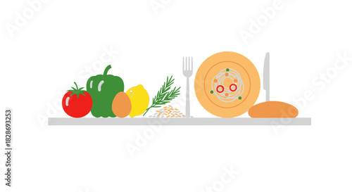 Fresh ingredients for healthy cooking, a modern and minimalist food illustration featuring tomato, pepper, lemon, egg, pasta, and herbs for a delicious meal