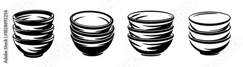 Four stacks of nested bowls in a black and white sketch style showing depth and texture perfect for design elements