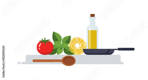 Fresh ingredients ready for a delicious pasta meal, includes ripe tomato, fragrant basil, dried pasta nests, olive oil, and cooking pan for culinary arts
