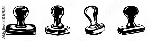 Four vintage rubber stamp graphics in black and white line art style isolated on white