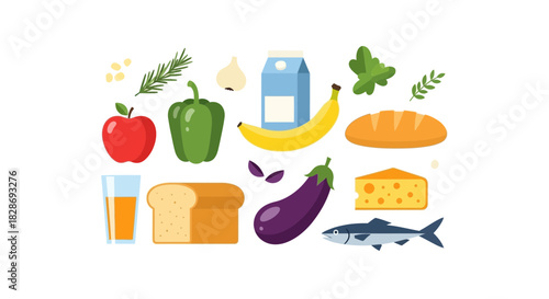 Healthy and colorful food illustration featuring fruits, vegetables, dairy, grain, and protein promotes well-being and balanced lifestyle choices
