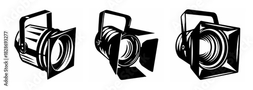 Collection of three theatrical stage spotlight illustrations showing different angles and designs for dramatic lighting effects