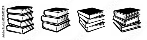 Four stacks of vintage sketch-style books offering a timeless look for educational and literary themes