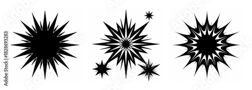 Three textured black starburst burst effects graphic elements on
