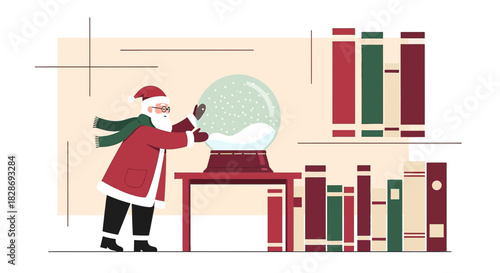 Festive santa claus with snow globe in whimsical holiday room illustration