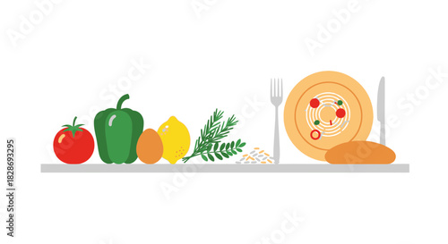 Fresh ingredients and prepared dish arrangement for a healthy meal, showcasing vibrant tomato, pepper, lemon, herbs, bread, and plateful of food