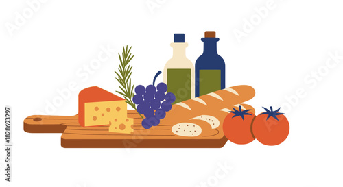 Rustic Italian Feast Illustration: A vibrant arrangement of cheese, bread, grapes, tomatoes, and wine for culinary designs and food-themed projects