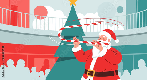 Festive santa claus playing a candy cane flute in a christmas shopping mall scene
