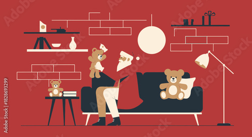 Festive santa relaxing at home surrounded by toys and holiday decorations and gifts